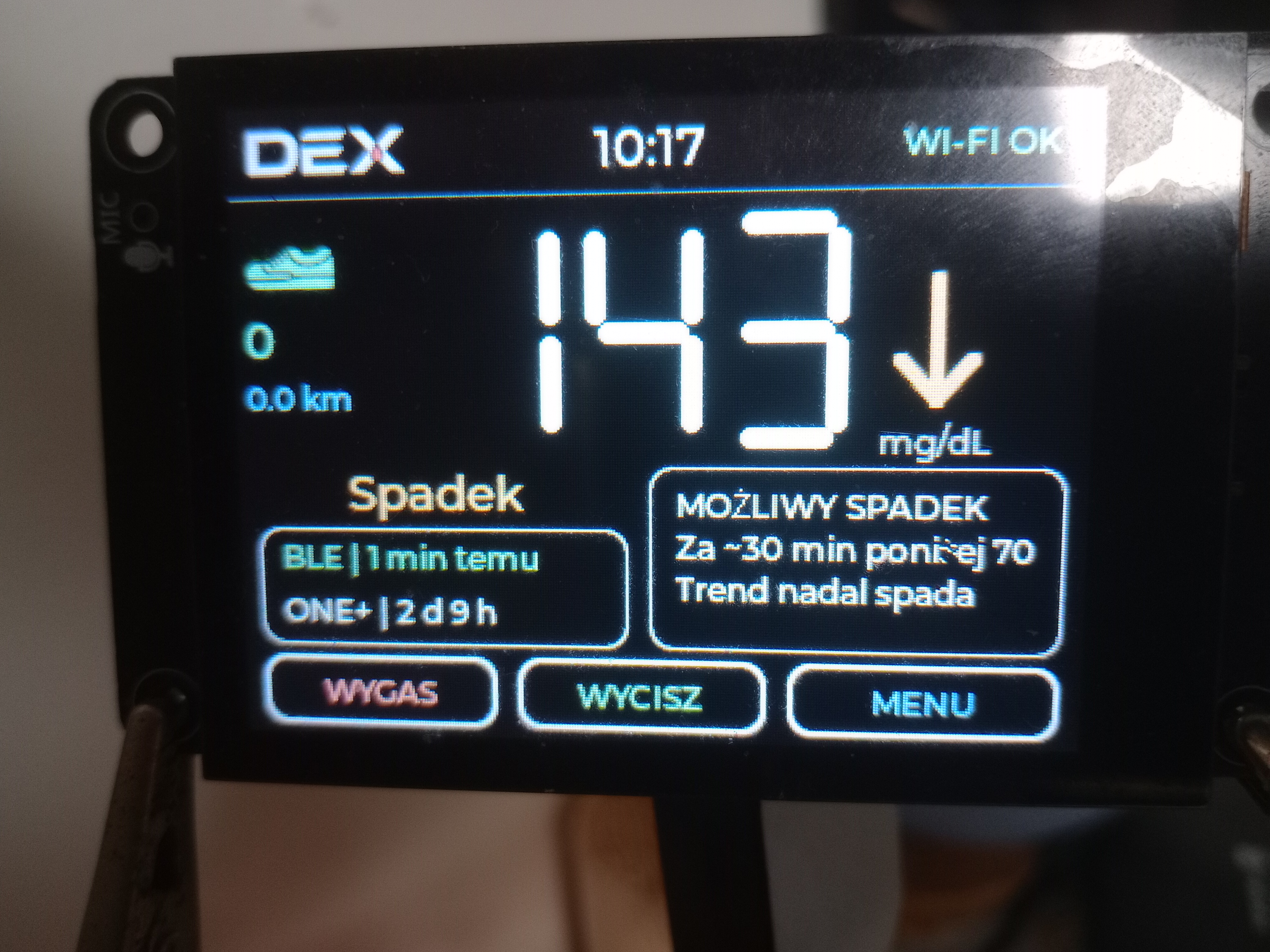 Odczyt glukozy na ekranie DEX